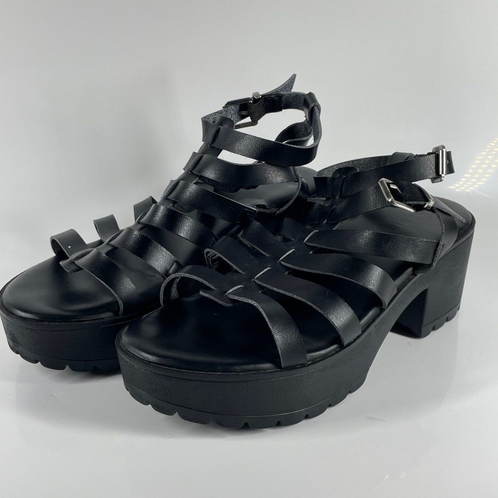 Black Gladiator Platform Sandals Chunky Lug Sole Double Buckle 9.5W Trendy Goth